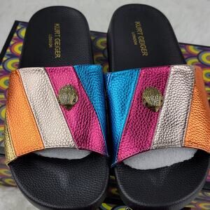 Women 8 Platform Slides Sandal Colorful Rainbow Striped Metallic Slippers Casual